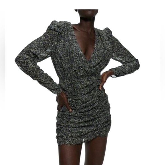 Zara forest green print ruched mini dress - Picture 1 of 5